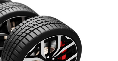 Two high-performance car wheels with sporty design isolated