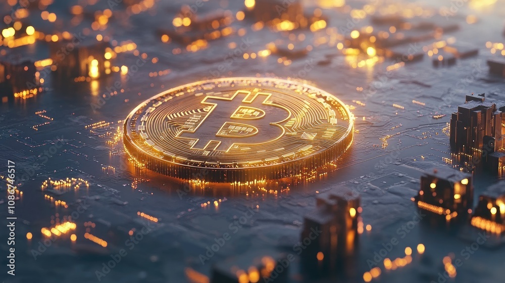 Poster stunning close-up of a bitcoin coin glowing on a high-tech circuit board with abstract patterns and 