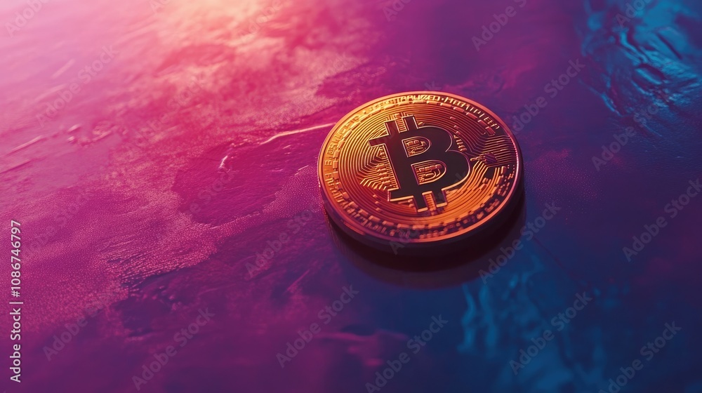 Poster a close-up view of a shiny bitcoin on a colorful surface with reflections highlighting the digital c