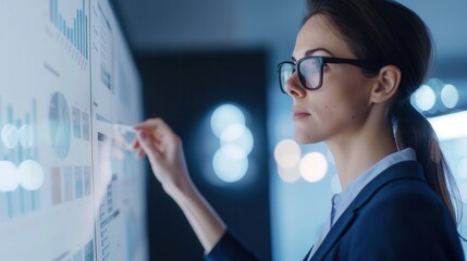 Focused female analyst in glasses examining charts and graphs on an interactive touchscreen, analyzing data in a modern office environment.