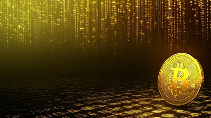 Golden Bitcoin on a Digital Background with Abstract Data Streams and Glowing Effects Representing Cryptocurrency and Financial Technology Concepts