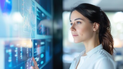 Young female analyst in a white blouse studying data visualizations and charts on a digital touchscreen, focused on financial analysis in a modern office.