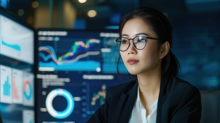 Young female financial analyst in glasses attentively analyzing charts and graphs on multiple digital screens, interpreting stock market trends and financial data.