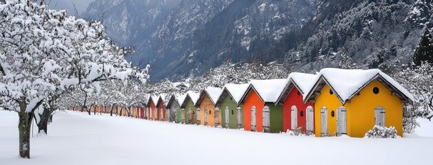 Naklejka premium Colorful beehives resting in snow, illuminating an orchard on a tranquil winter day