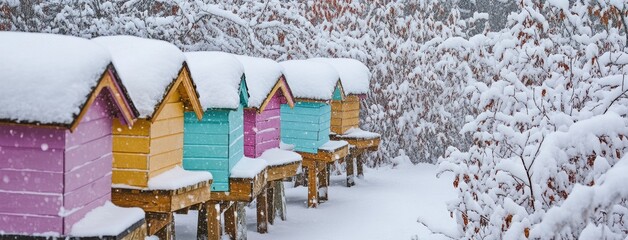 Colorful beehives in snow-covered orchard on a serene winter day creating a vibrant landscape of nature's beauty