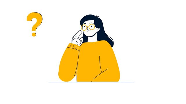 Young woman is finding solution, thinking, sharing offers, light bulbs. Business idea, plan strategy and solution concept. 2D-animation.