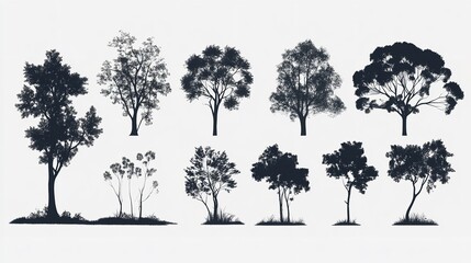 Fototapeta premium Coniferous trees landscape, dark green pine trees, white sky, nature background.
