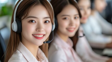 Asian female customer service staff in an office, smiling with a headset, showcasing professionalism and approachable service skills perfect for company advertising or branding