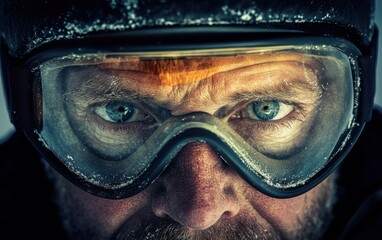 Extrme close up of a mans eyes through ski goggles