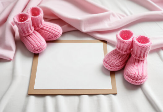 blank paper with baby knitted pink booties on baby sheet for congratulations on the newborn, greeting card design