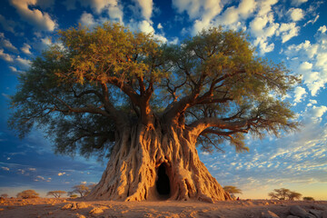 A large bao tree in the middle of a desert landscape