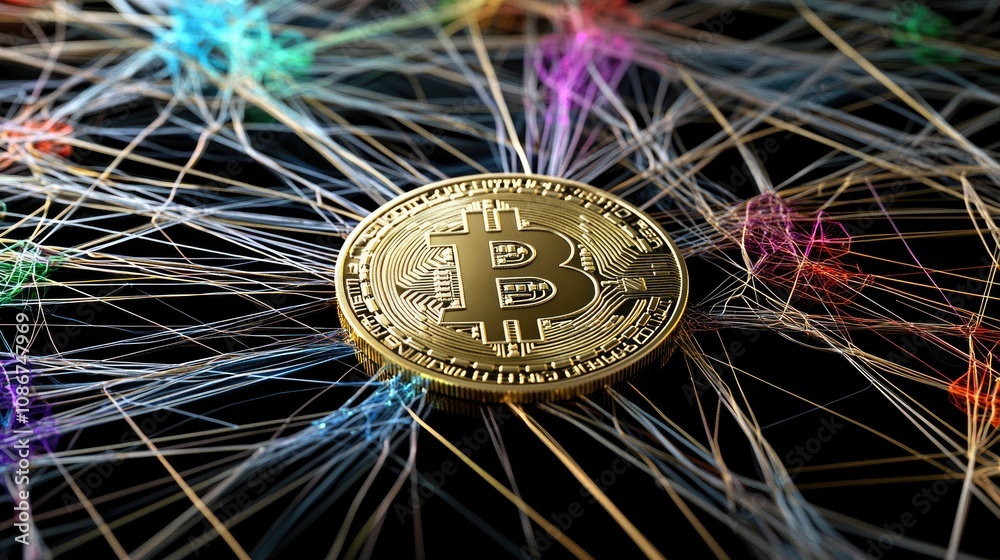 Poster detailed visualization of bitcoin amidst an abstract network highlighting cryptography and digital c