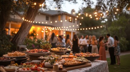 Naklejka premium Outdoor Party Buffet with String Lights and Guests in the Background