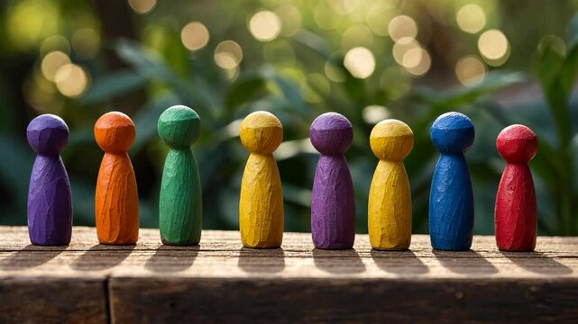 Video footage of row of colorful wooden pegs standing in a line on a wooden surface. The pegs represent diversity and individuality, symbolizing unity in difference