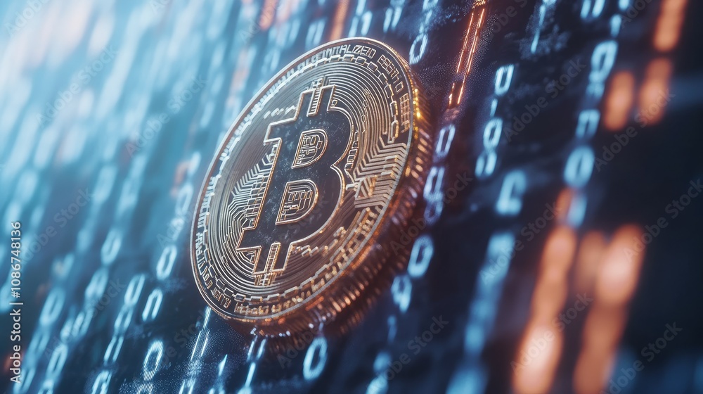Aufkleber glowing bitcoin cryptocurrency coin on digital matrix background representing blockchain technology 