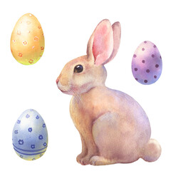 Watercolor set with Easter eggs and rabbit. Cute vintage bunny isolated on white background. Drawing on isolated white background for greeting cards or invitations