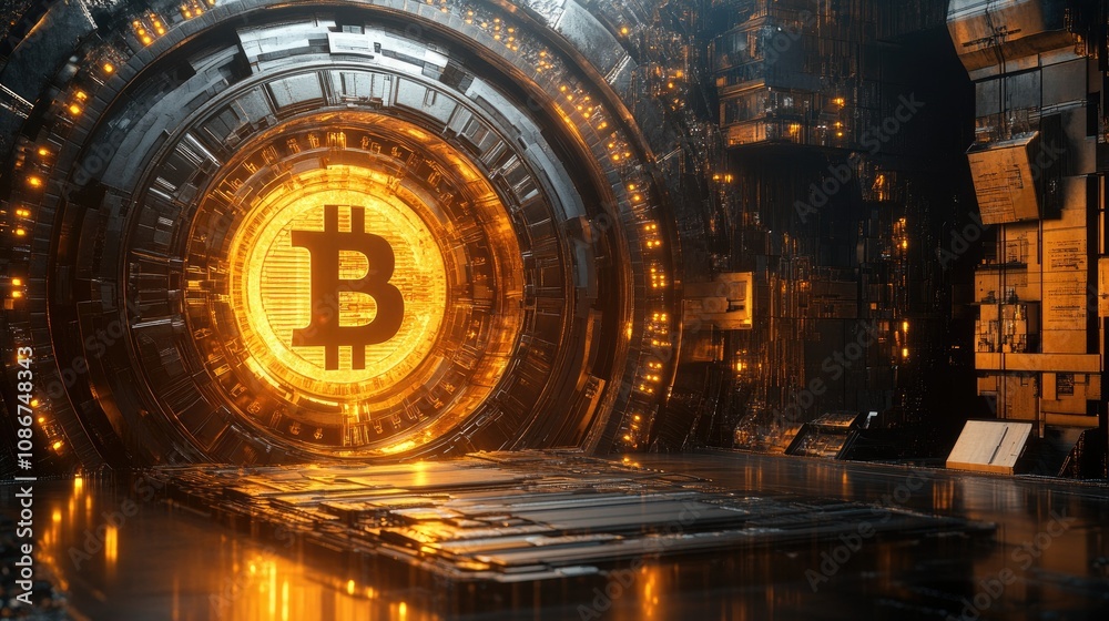 Poster futuristic bitcoin gateway surrounded by digital elements, illuminated by warm glow, representing cr