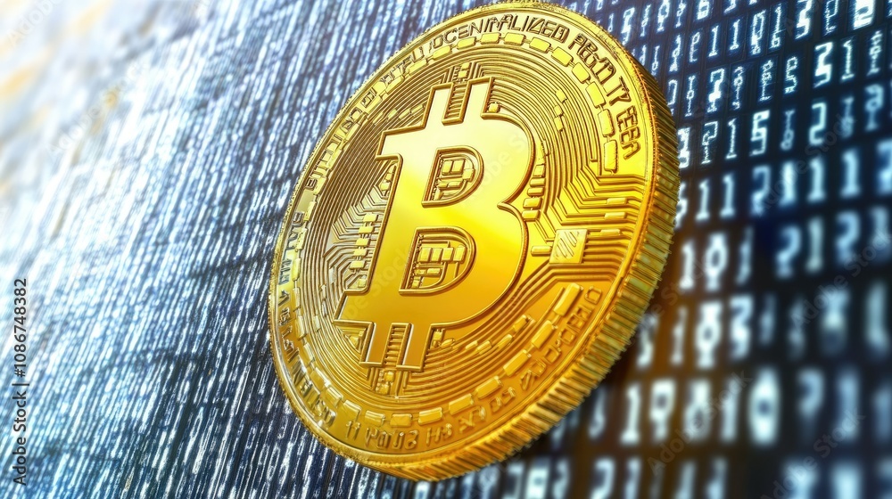 Poster golden bitcoin coin surrounded by digital binary code and technology background illustrating cryptoc