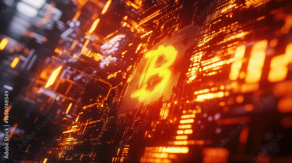 Poster futuristic digital illustration of bitcoin symbol surrounded by abstract data streams and glowing el