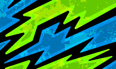 Bold and energetic abstract pattern with jagged green and blue lightning bolts on a black background.