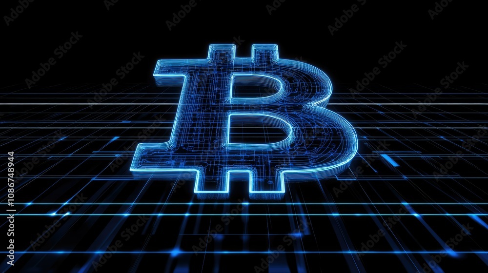 Poster glowing bitcoin symbol in a futuristic digital landscape with blue grid lines and abstract data conn