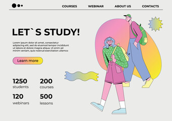 Concept Design Page of Online Courses and Learning. Characters of Students with Backpacks. Vector Flat Illustration.