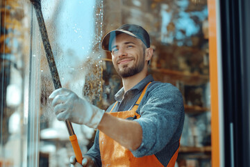 photo of a man from a professional cleaning service cleaning the window of a store