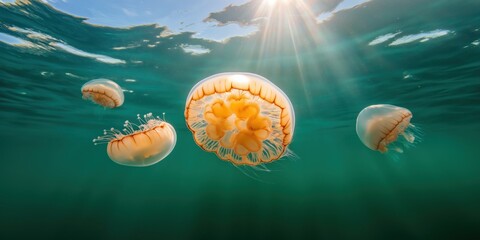 A group of comb jellyfish floating in the water, their bodies glowing faintly with bioluminescence