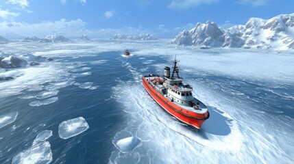 Fototapeta premium Aerial view of frozen lake with broken airship and red coast guard ship navigating icy waters under blue sky
