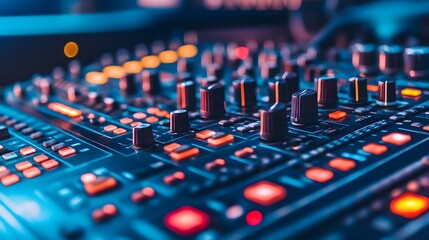 Closeup of a sound mixer with colorful lights and knobs.