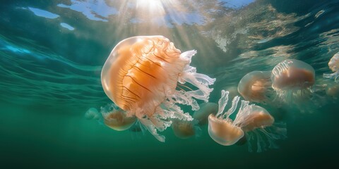 A group of comb jellyfish floating in the water, their bodies glowing faintly with bioluminescence