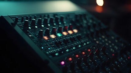 Closeup of a sound mixing console with illuminated buttons in a dark room.