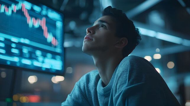 A focused individual contemplates market trends while observing stock charts on a digital screen in a modern trading environment.