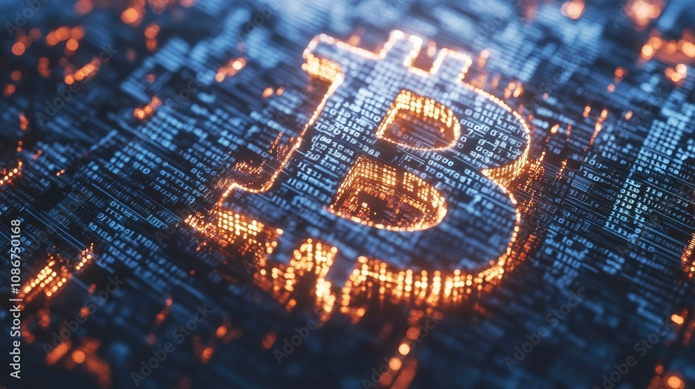 Aufkleber glowing bitcoin symbol surrounded by digital data and binary codes illustrating cryptocurrency techn