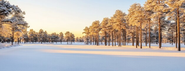 Obraz premium A serene winter sunset over a snow-covered forest creating a peaceful and enchanting landscape of snowy trees and gentle light