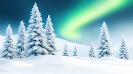 Obraz premium A serene winter landscape featuring snow-covered trees illuminated by the northern lights on a clear night sky