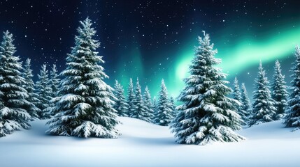 Obraz premium A serene winter landscape featuring snow-laden trees illuminated by the enchanting northern lights on a clear night sky