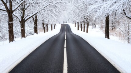 Obraz premium A serene winter journey along a snow-covered road lined with enchanting trees creating a peaceful atmosphere