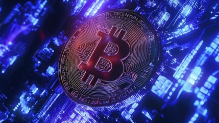 A Detailed View of Bitcoin Cryptocurrency with a Blue and Purple Digital Circuit Background Illustrating the Concept of Blockchain Technology