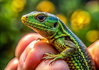 Obraz premium Candid Moment Capturing a Small Lizard Perched Between Human Fingers in a Natural Setting, Showcasing Intricate Details and Textures of Nature and Wildlife Interaction