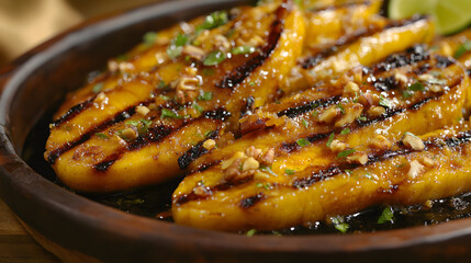 Warm Caramelized Plantains with Honey Glaze Garnished with Lime Zest and Crunchy Nuts for a Tasty Snack