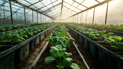 A greenhouse with rows of young plants thriving under natural light, showcasing a vibrant and healthy growth environment.