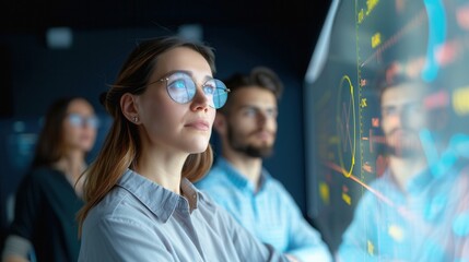 Naklejka premium Team of professionals analyzing charts and data on an interactive digital screen in a modern tech environment, with a focus on a thoughtful woman in glasses.