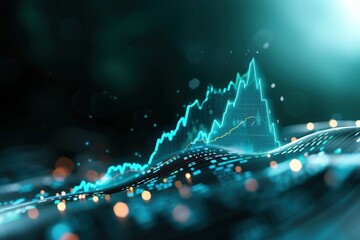 A glowing financial graph with rising data points overlaid on a digital wave pattern, symbolizing innovation and market analysis in a futuristic style.