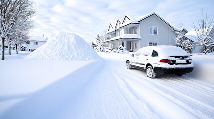 Snow-covered car parked along a serene street, surrounded by large snow piles under cloudy winter skies