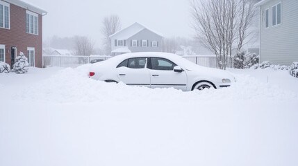 Fototapeta premium Blizzard aftermath reveals buried car as snow continues to fall in March winter wonderland