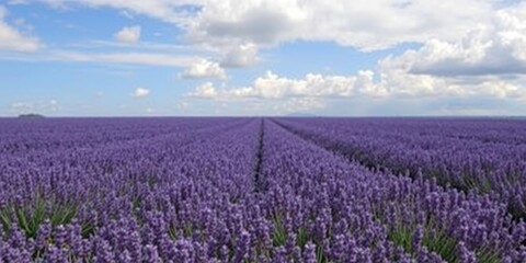 Obraz premium A vast expanse of lavender stretches out as far as the eye can see, backed by a backdrop of fluffy white and grey clouds that drift lazily across the sky, fields, rural life