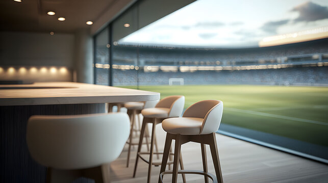 A stylish interior bar setting overlooking a football field, featuring modern stools and a sleek countertop, perfect for enjoying events.