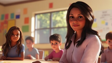 Fototapeta premium A young Hispanic female educator engaging with her diverse classroom of students in a colorful learning environment.