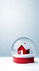 A magical winter night with a cozy red house inside a glass snow globe surrounded by falling snow and sparkling lights